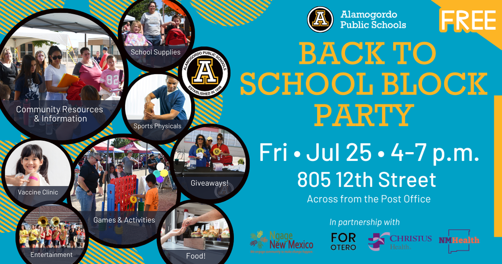 Back to School Block Party July 25th from 4-7 p.m. at 805 12th St. 