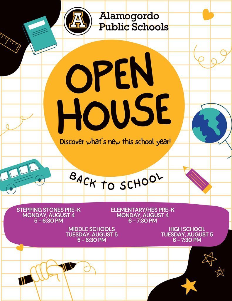 Open houses pre-k and elementary school Monday August 4th and middle and AHS Tuesday August 5th 