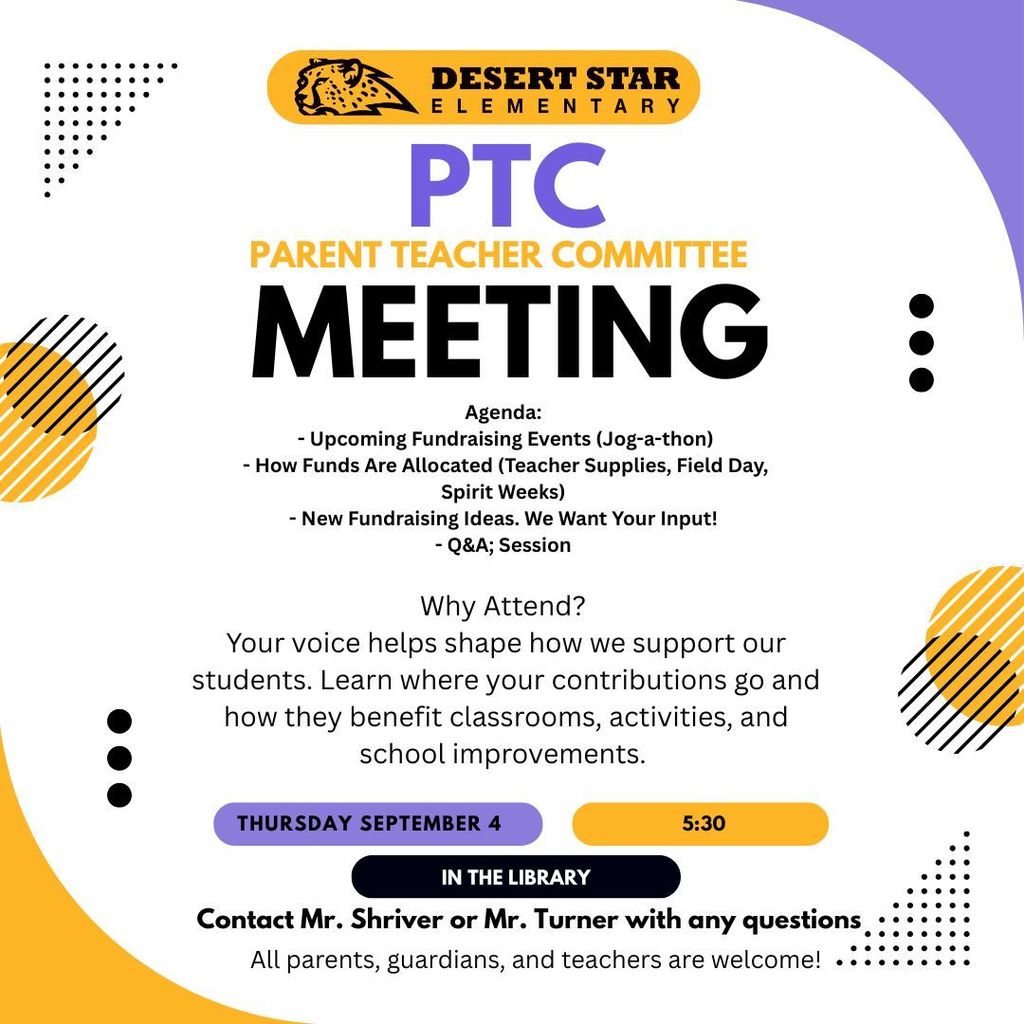 PTC Meeting on September 4th at 5:30 at Desert Star Library.