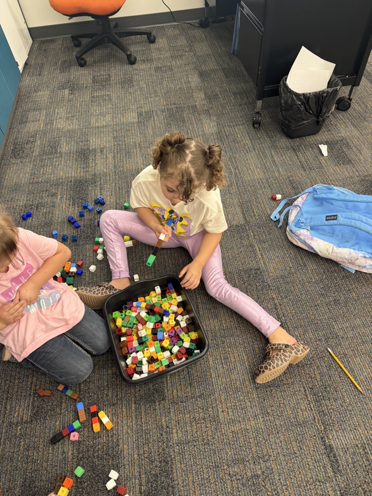 two students with a large bin of blocks