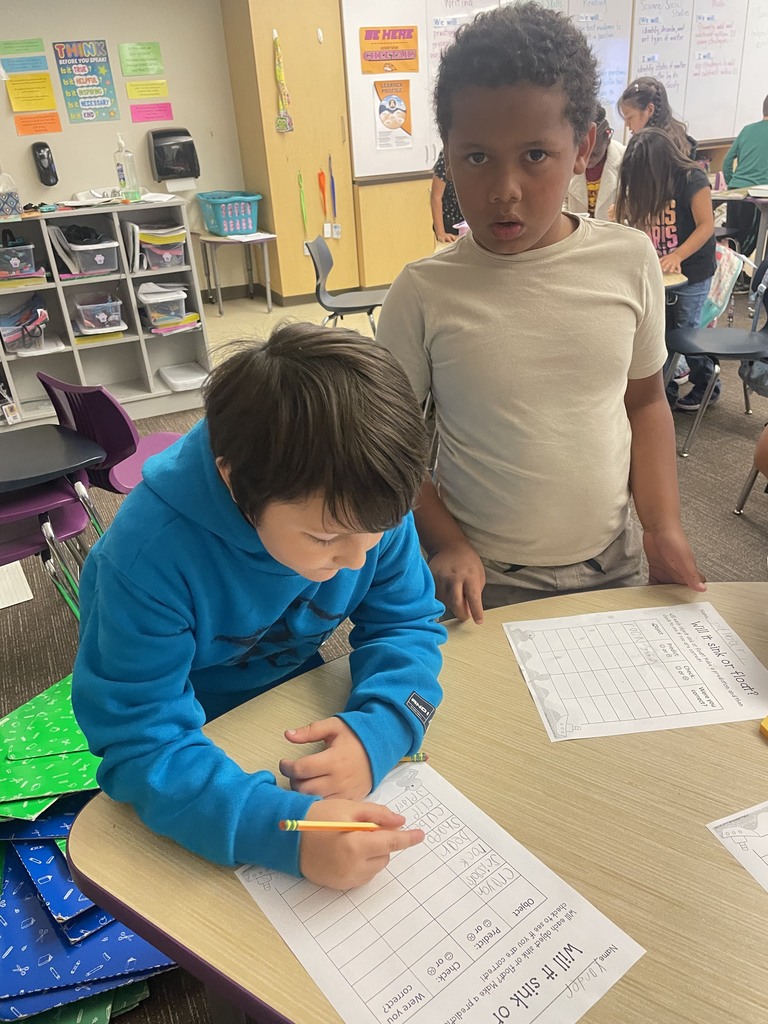 Second graders filling out their data sheet - will it sink or will it float?
