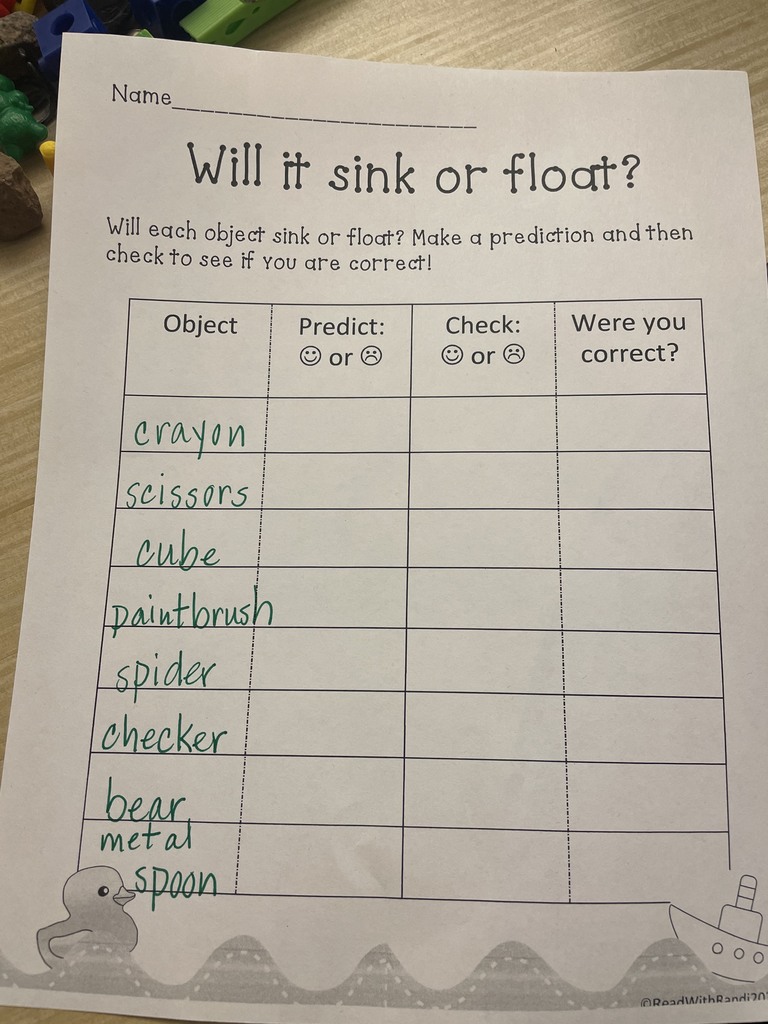 Second Grade Data Sheet - will it sink or will it float?