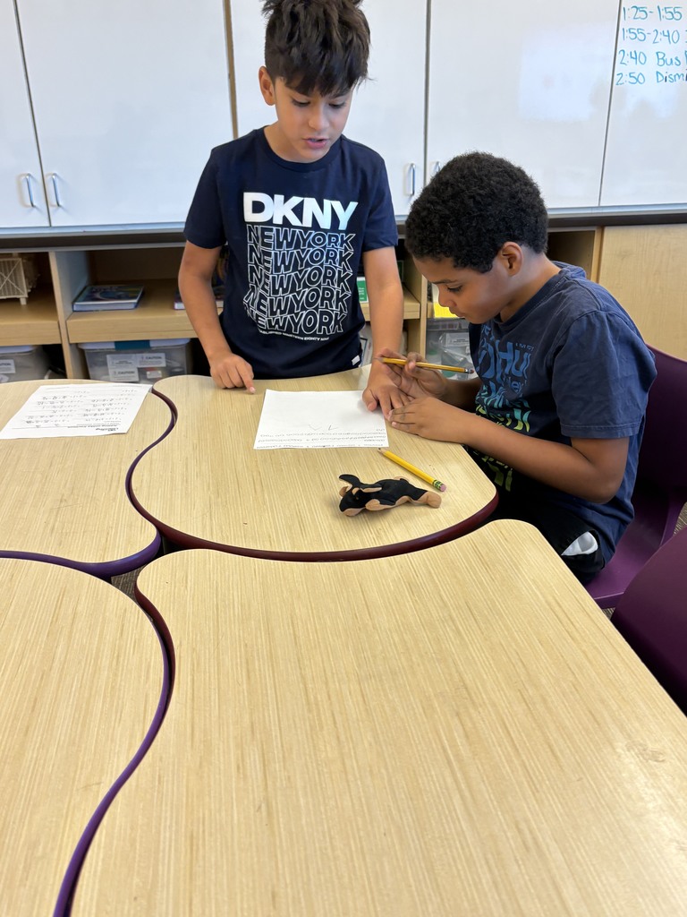 A student from Mrs. Harvey's  class very patiently helping one of our new students  with his work and teaching him how to add fractions!