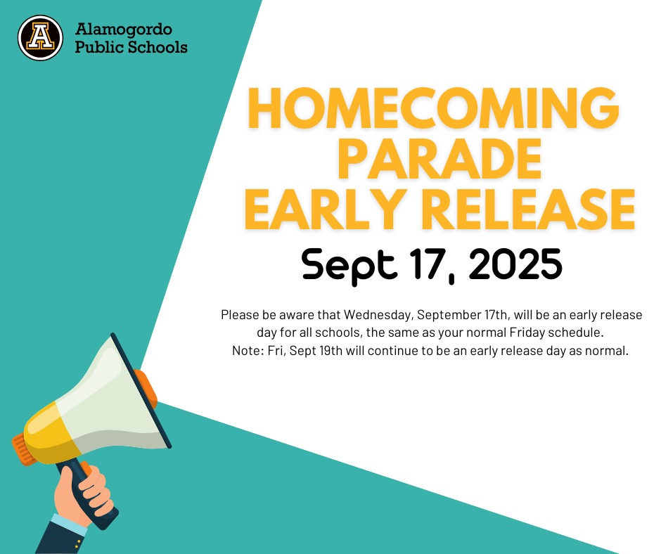 Homecoming parade early release for all schools on Wednesday, September 17th. Same as your normal Friday schedule. 