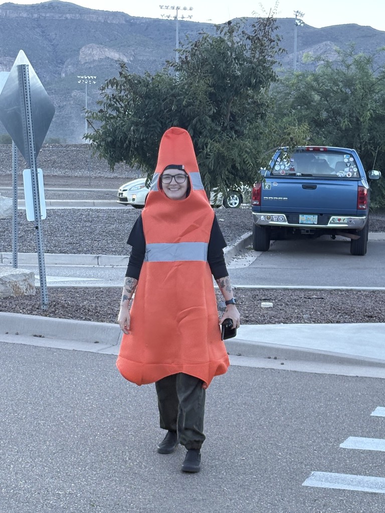 Ms. Tesa dressed as a traffic cone