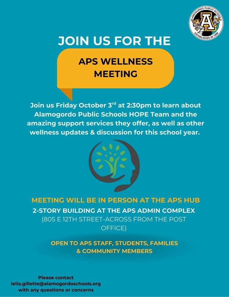 Join us for the APS wellness Meeting on Friday, October 3rd. 
