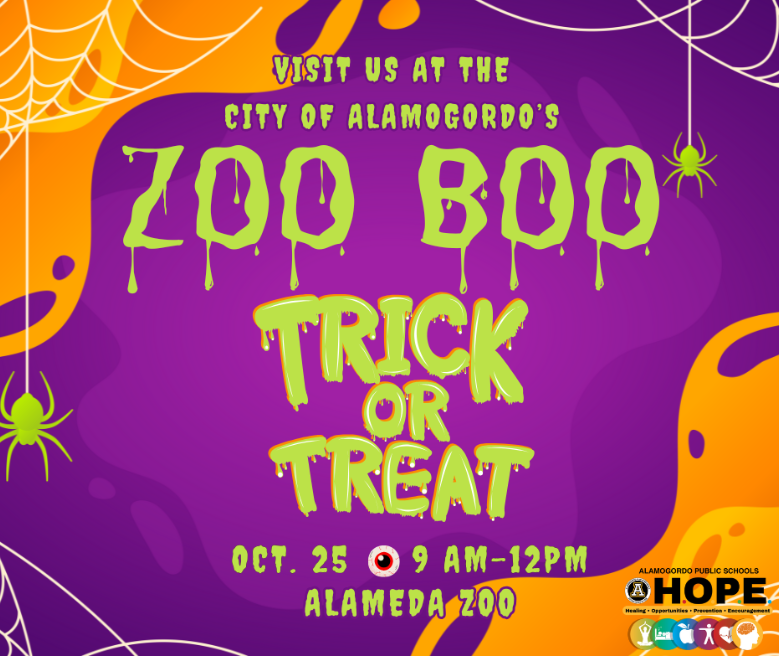 Visit the HOPE team at the City of Alamogordo Zoo Boo Trick or Treat Oct 25th from 9 a.m. to 12 p.m. at the Alameda Park Zoo