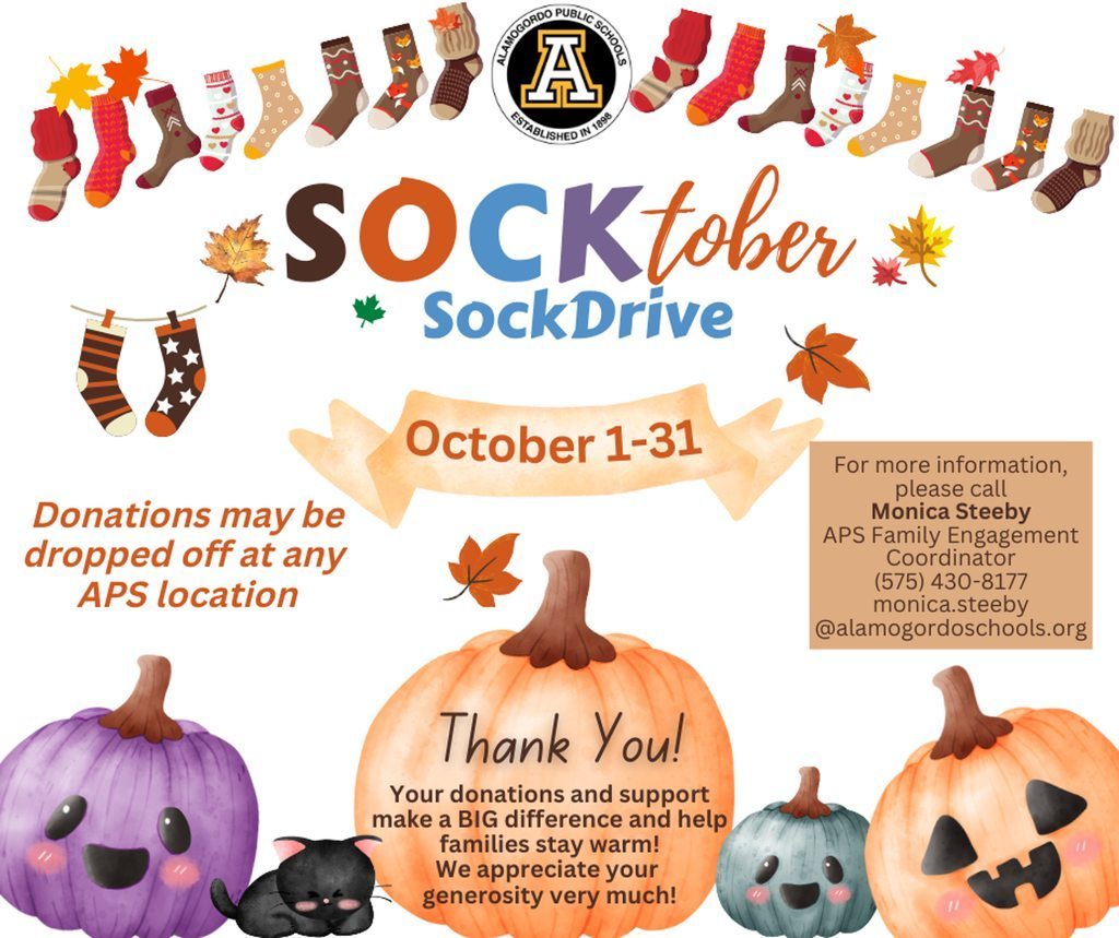 Socktober SockDrive October 1–31 donation boxes at any of our APS campuses and at the APS admin office and APS HUB.