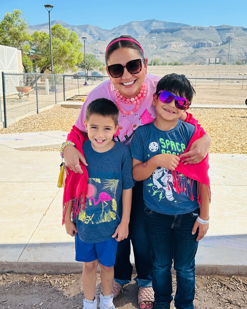 Mrs. Wolfe sharing pink on Pink out Day