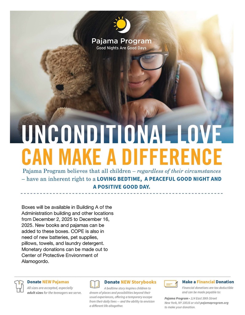 Support this holiday season by donating pijamas, books,  new batteries, pet supplies, pillows, blankets, towels and laundry detergent.  