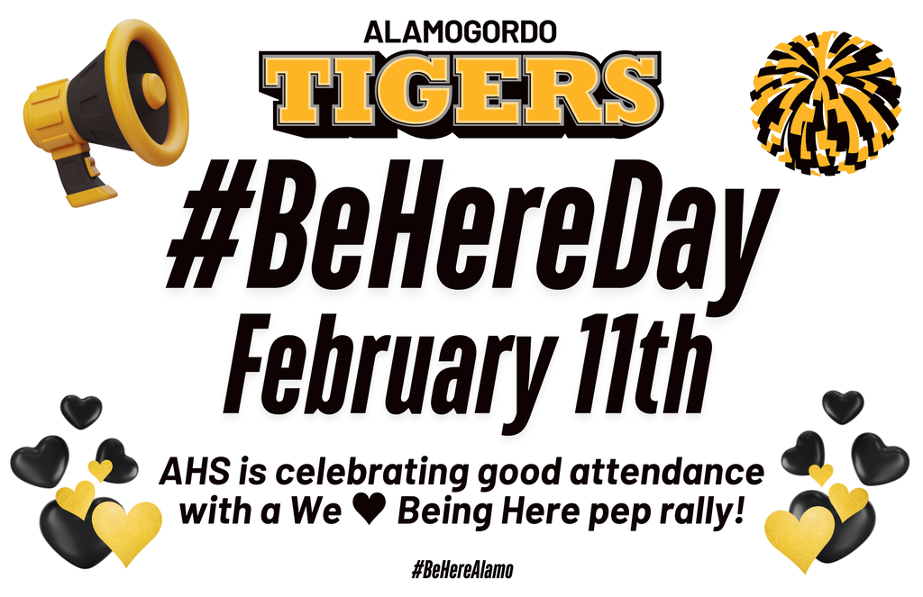 Be Here Day Feb 11th graphic- AHS is celebrating good attendance with a we love being here pep rally! 