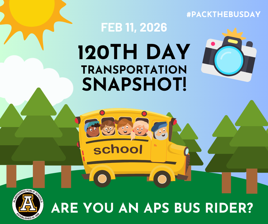 120th Transportation Snapshot Feb 11th, are you a bus rider? Graphic with school bus transporting students 