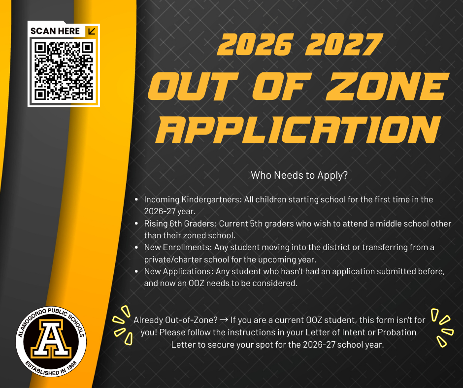 2026-2027 Out-of-Zone Application Who Needs to Apply? Incoming Kindergartners: All children starting school for the first time in the 2026-27 year. Rising 6th Graders: Current 5th graders who wish to attend a middle school other than their zoned school. New Enrollments: Any student moving into the district or transferring from a private/charter school for the upcoming year. New Applications: Any student who hasn't had an application submitted before, and now an OOZ needs to be considered. Already Out-of-Zone? β If you are a current OOZ student, this form isn't for you! Please follow the instructions in your Letter of Intent or Probation Letter to secure your spot for the 2026-27 school year. -Graphic
