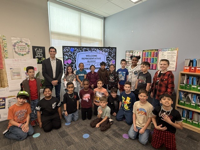 J. Block visiting 3rd grade classroom