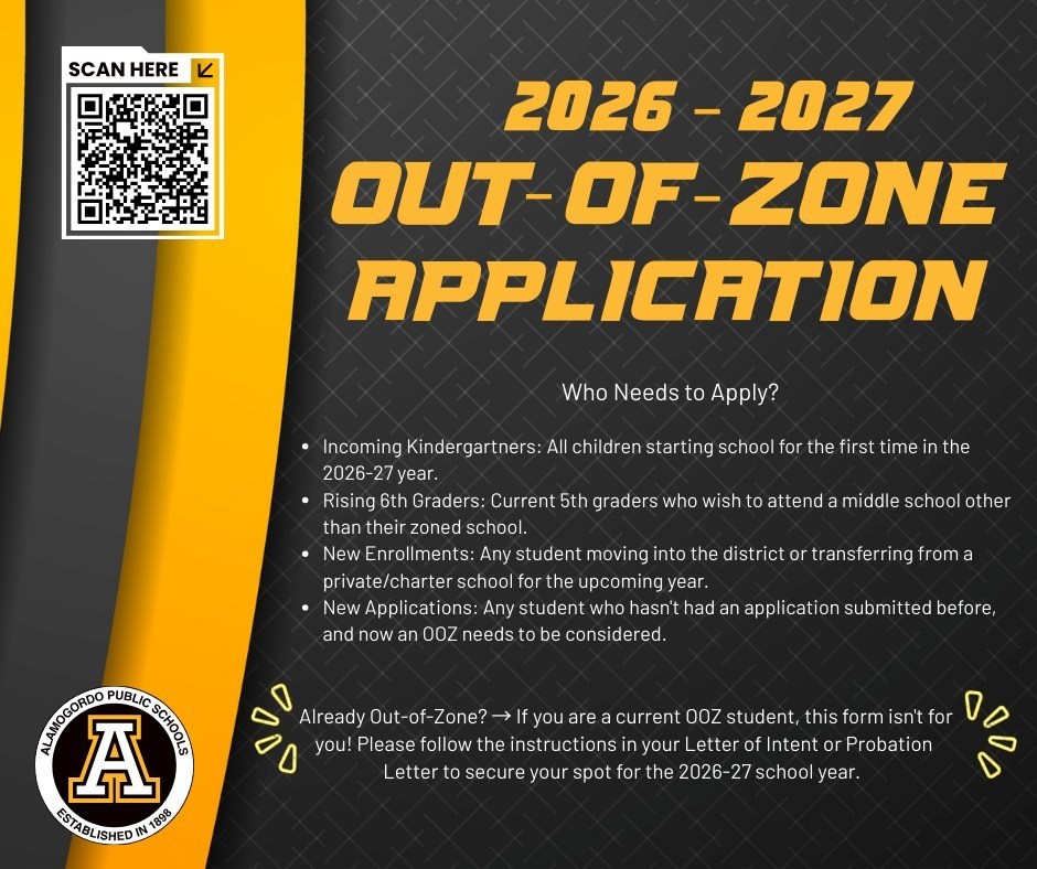 2026-2027 Out-of-Zone Application Who Needs to Apply? Incoming Kindergartners: All children starting school for the first time in the 2026-27 year. Rising 6th Graders: Current 5th graders who wish to attend a middle school other than their zoned school. New Enrollments: Any student moving into the district or transferring from a private/charter school for the upcoming year. New Applications: Any student who hasn't had an application submitted before, and now an OOZ needs to be considered. Already Out-of-Zone? β If you are a current OOZ student, this form isn't for you! Please follow the instructions in your Letter of Intent or Probation Letter to secure your spot for the 2026-27 school year. -Graphic
