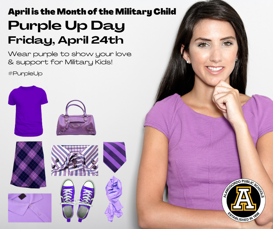April is month of the Military Child! Purple Up Day Friday, April 24th. Wear purple to show your love & support for military kids! #PurpleUp Graphic 