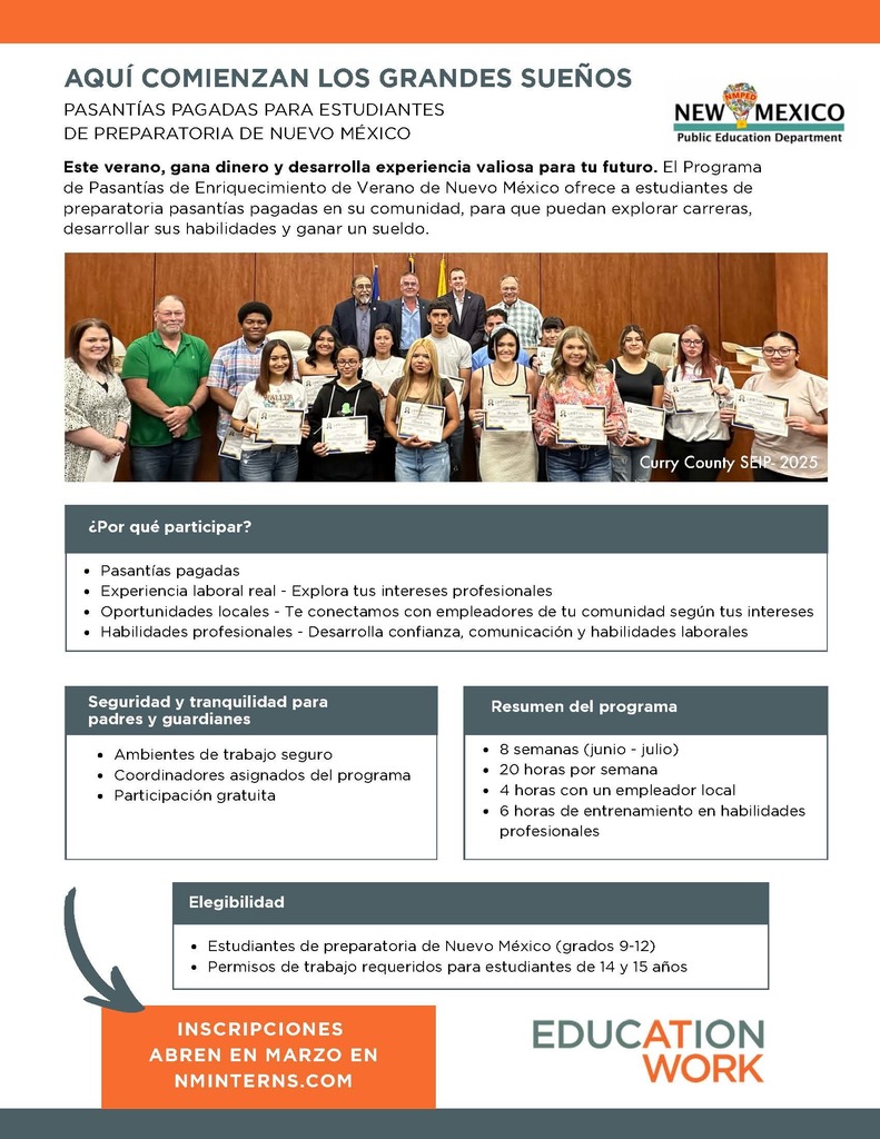 Aqui comienzan los grander suenos- pasantias pagadas para estudiantes de preparatoria de nuevo mexico- grafica