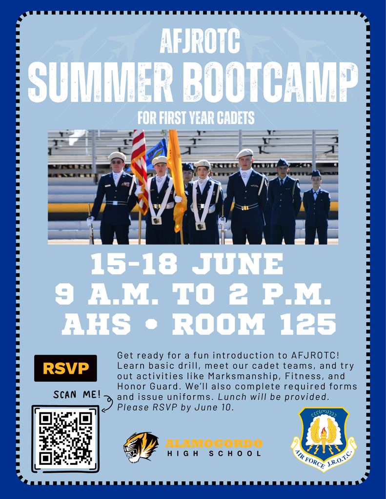 15-18 June 9 a.m. to 2 p.m. AHS β’ Room 125 Summer Bootcamp AFJROTC for first year cadets Get ready for a fun introduction to AFJROTC! Learn basic drill, meet our cadet teams, and try out activities like Marksmanship, Fitness, and Honor Guard. Weβll also complete required forms and issue uniforms. Lunch will be provided. Please RSVP by June 10. Graphic