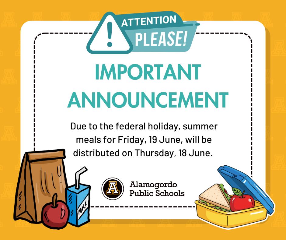 Important announcement: Due to the federal holiday (Juneteenth) meals for Friday 19 June will be distributed on Thursday 18 June.  