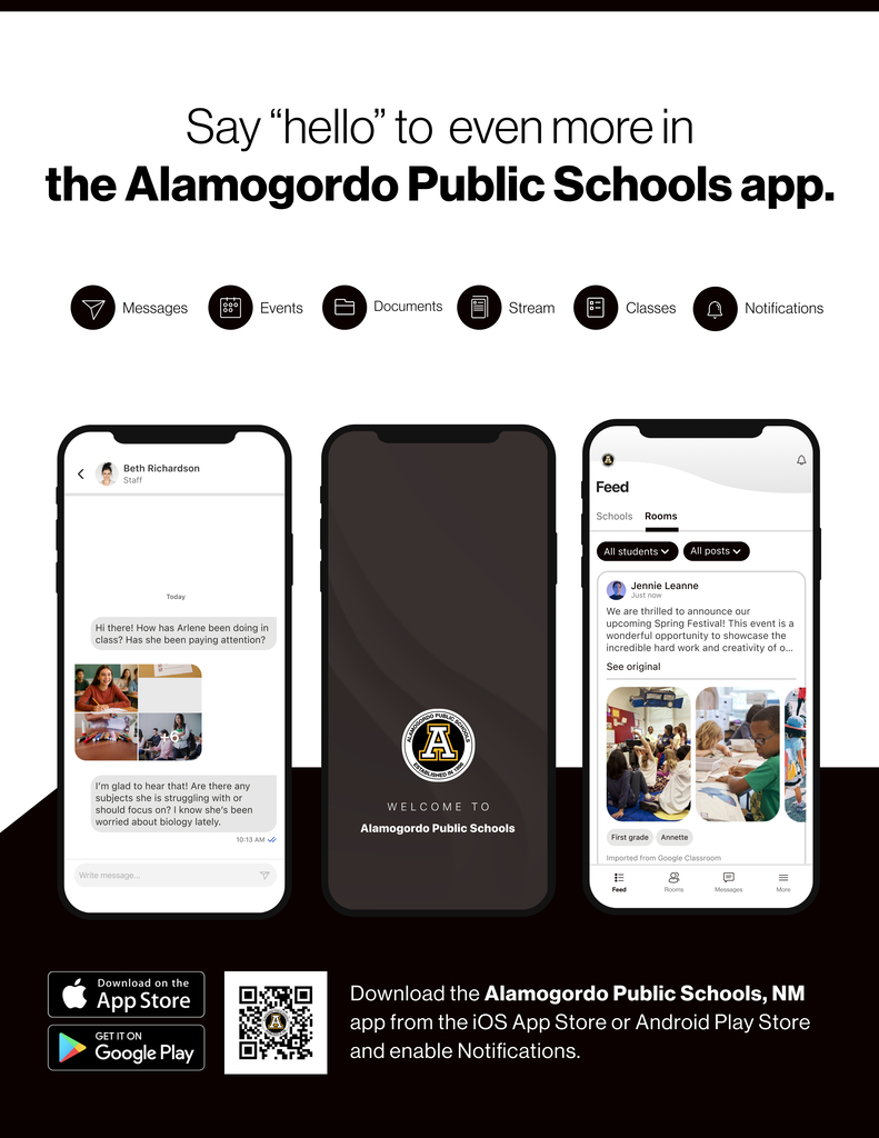 Mobile app display with three smartphones showing the Alamogordo Public Schools app interface. Buttons for messages, events, documents, stream, classes, and notifications.