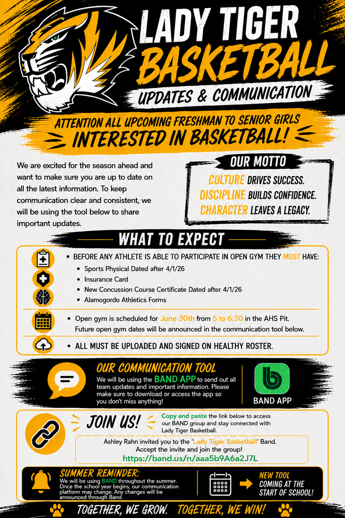 Graphic- 🏀⛹️♀️Attention all incoming 9th to 12th-grade girls interested in basketball!🏀⛹️♀️ We’re excited for the upcoming season and want to ensure you stay informed with the latest updates. Throughout the summer, we’ll be using the BAND app as our primary communication tool to share important information and reminders.📱 Please download the BAND app now to stay connected and receive all updates. Note: Once the school year begins, we’ll transition to a different two-way communication platform. Details about this new platform.