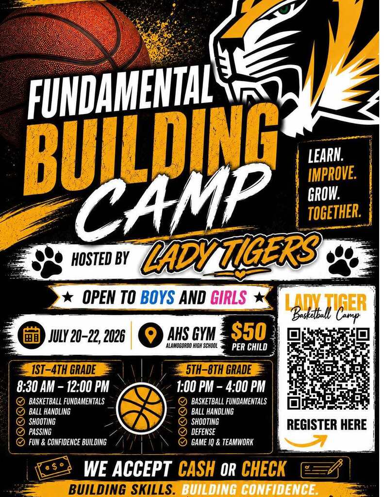 Fundamental buidling camp hosted by Lady Tigers open to boys and girls July 20-22 at the AHS Gym $50 per child. 1st-4th grade 8:30 a.m.-12 p.m. 5th-8th grade 1-4 p.m. Learn basketball fundamentals, ball  handling, shooting, passing, fun & confidence building. We accept cash or check . Building skills. Building confidence. 