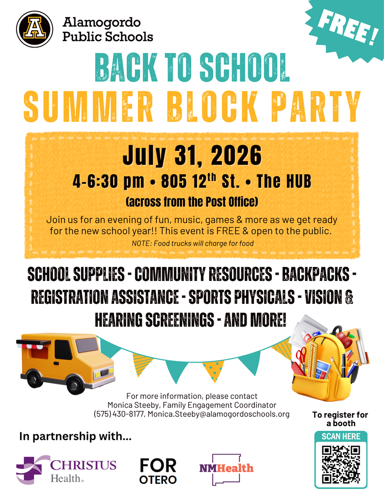 Back to school block party on Friday July 31st from 4-6:30 p.m. 805 12th St. The HUB (Across from the post office) Join us for an evening of fun, games & more as we get ready for the new school year. This event is free and open to the public. Note: food trucks will charge for food.  school supplies - community resources - Backpacks - registration assistance - sports physicals - vision & hearing screenings - and more!