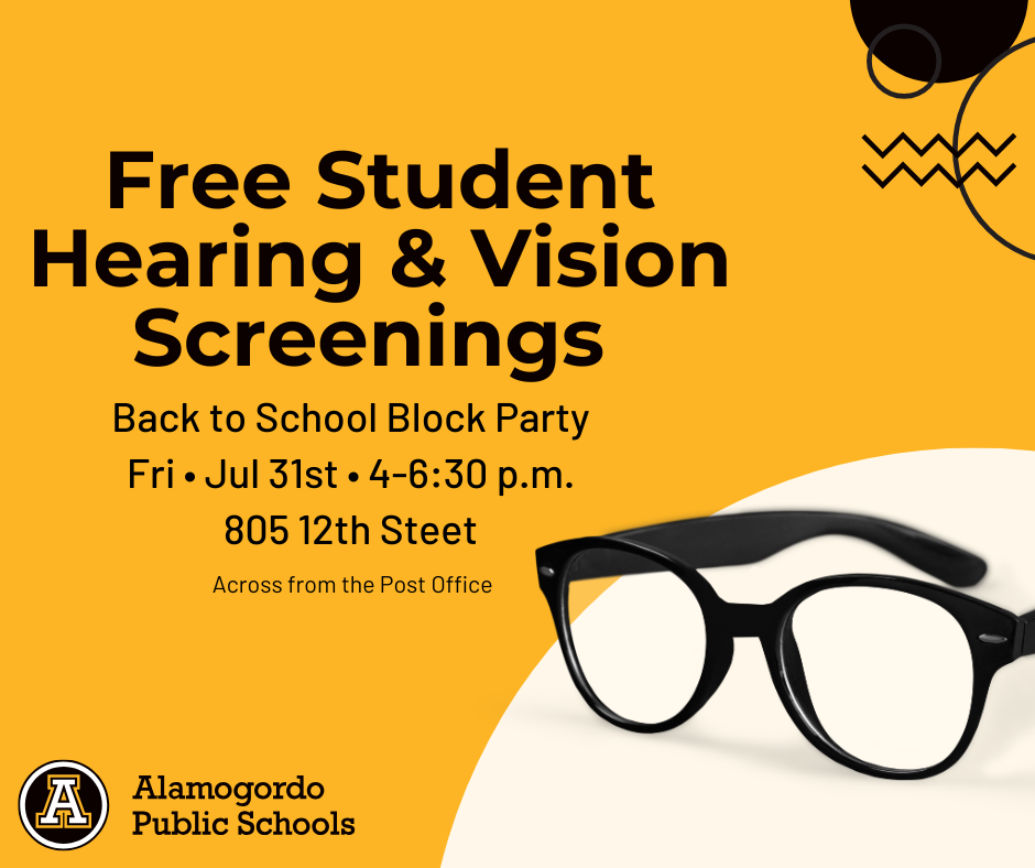 Free student & vision screenings at the Back to School Block Party on Friday July 31st from 4-6:30 p.m. 805 12th St. (Across from the Post Office) - Graphic with black glasses