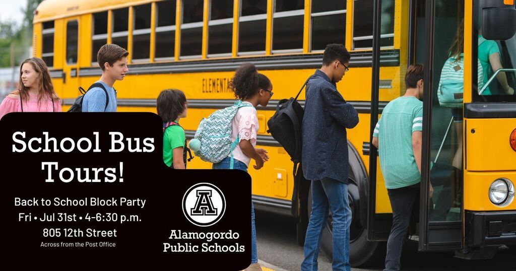 School Bus Tours at the Back to School Block Party on Friday, July 31 from 4-6:30 p.m. - Graphics with a yellow school bus, a group of students getting on the bus 