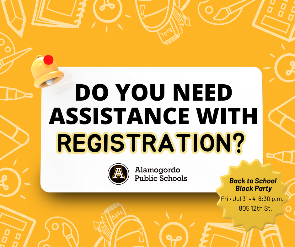 Do you need assistance with registration? Get help at the Back to school block party on Friday, July 31st from 4-6:30 p.m. 805 12th St. -graphic 