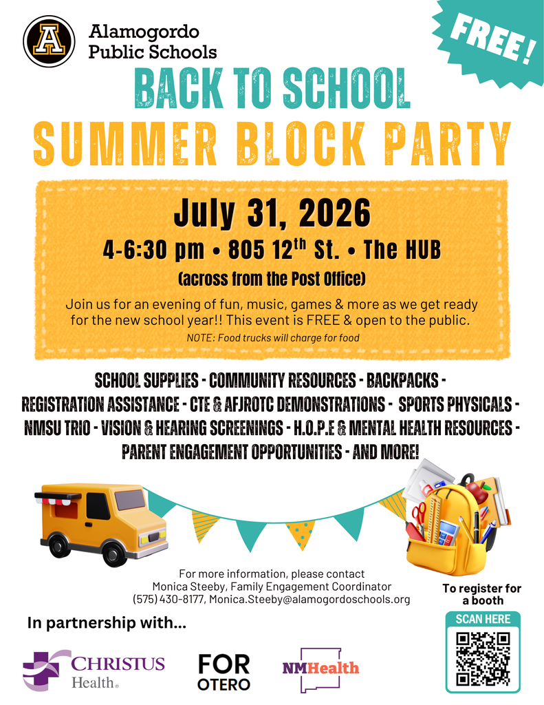 Back to school block party on Friday July 31st from 4-6:30 p.m. 805 12th St. The HUB (Across from the post office) Join us for an evening of fun, games & more as we get ready for the new school year. This event is free and open to the public. Note: food trucks will charge for food.  school supplies - community resources - Backpacks - registration assistance - sports physicals - vision & hearing screenings - and more!