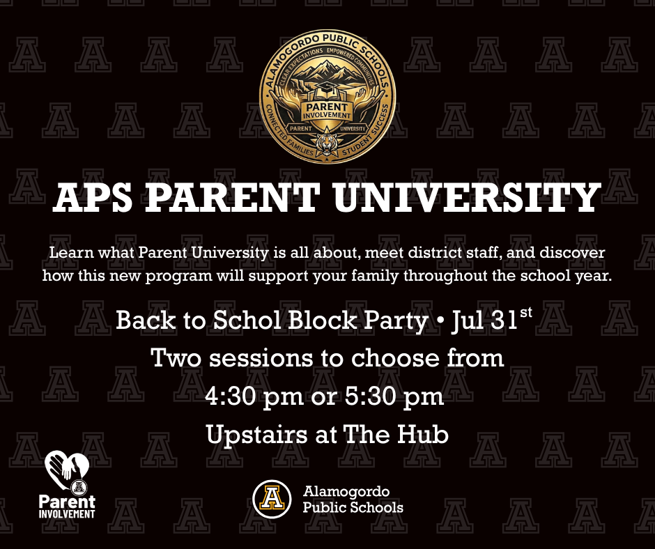 APS Parent University Back to School Block Party July 31st, learn what Parent University is all about, meet district staff and discover how this new program will support your family throughout the school year