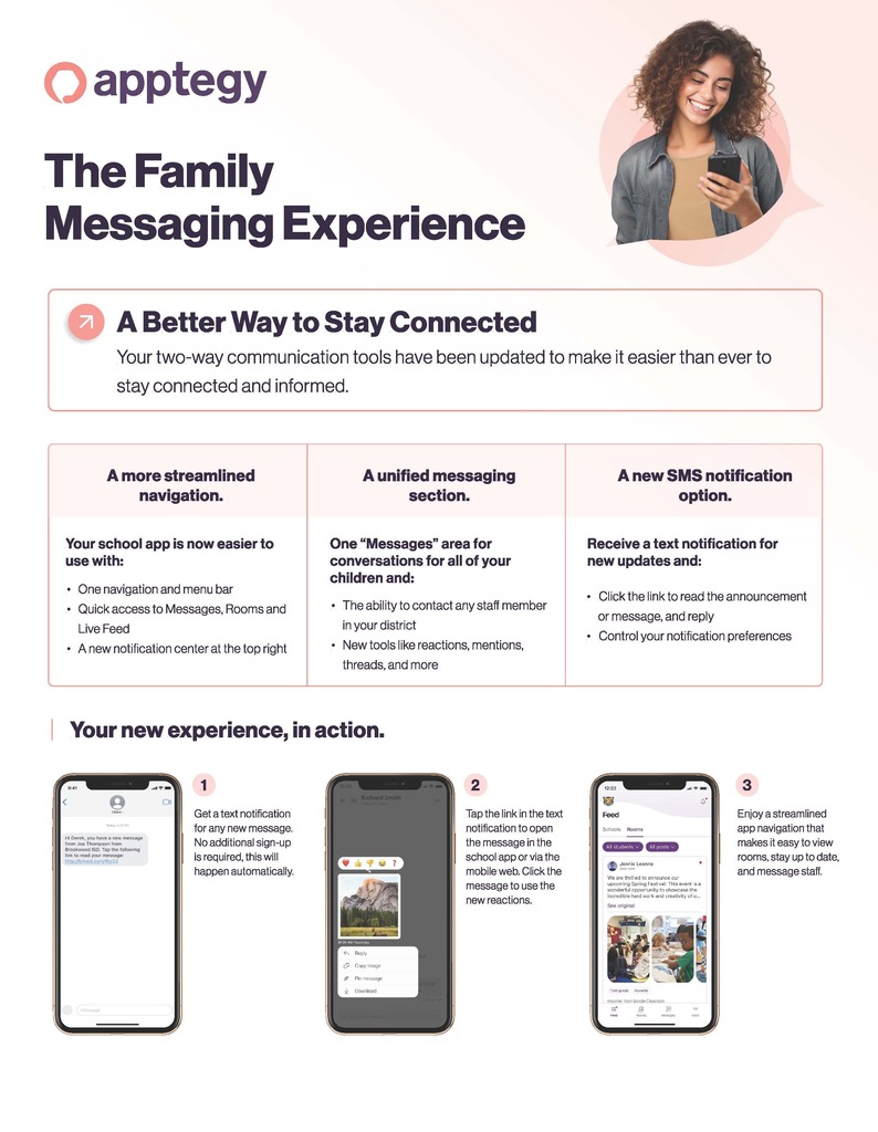 The Family messaging experience apptegy graphic with information on how to use the app