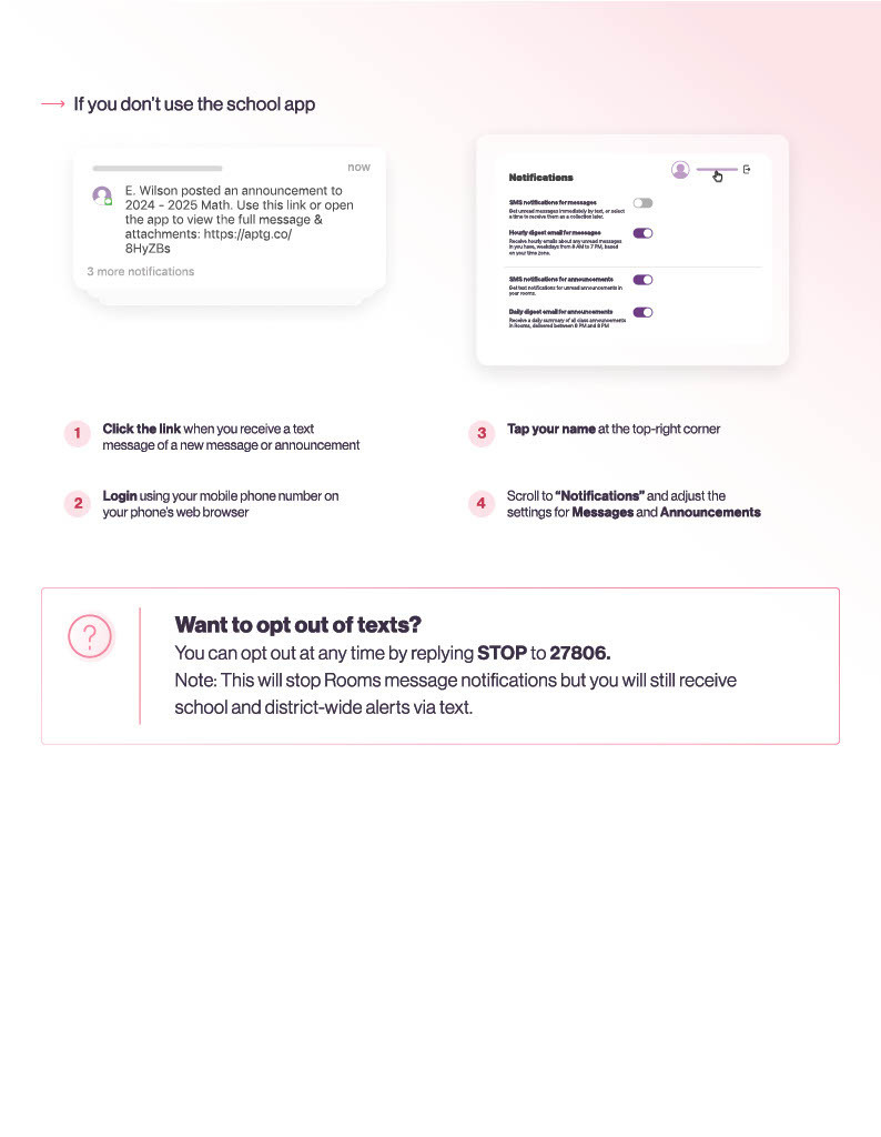 Flyer explaining how to adjust notification preferences for Rooms