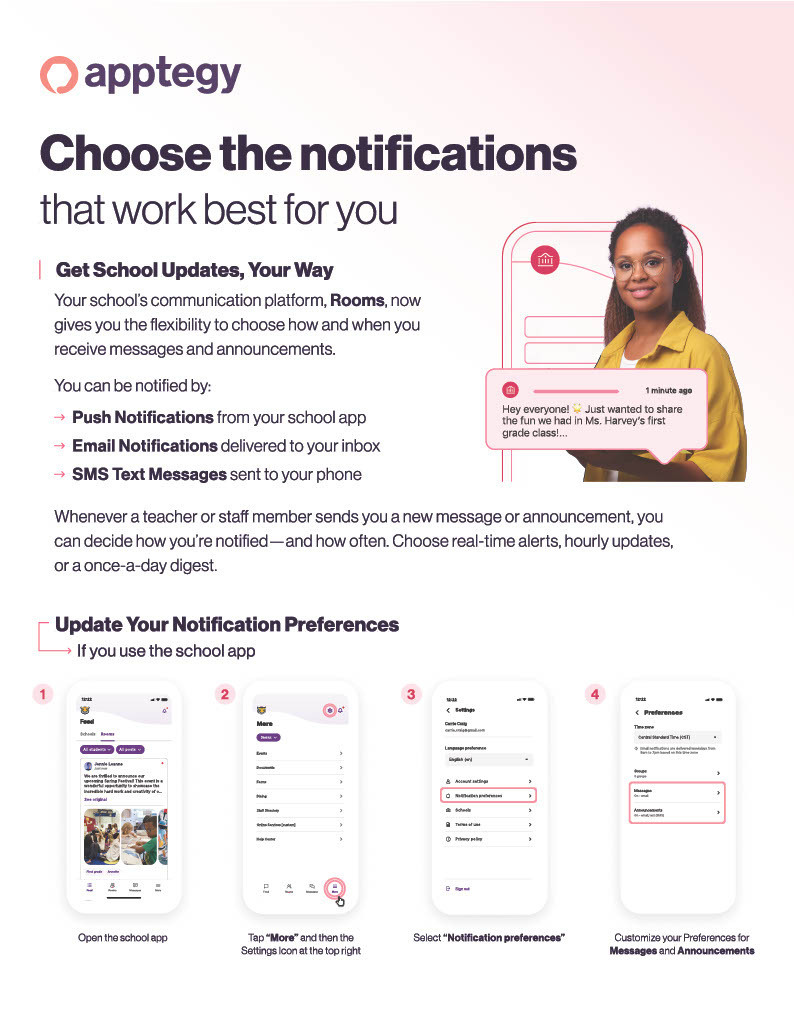 Flyer explaining how to adjust notification preferences for Rooms