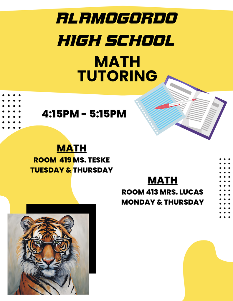 AHS Math Tutoring graphic- 4:15-5:15 p.m. Tue & Thu Room 419 with Ms. Teske. Mon & Thu - Room 413 with Ms. Lucas- 