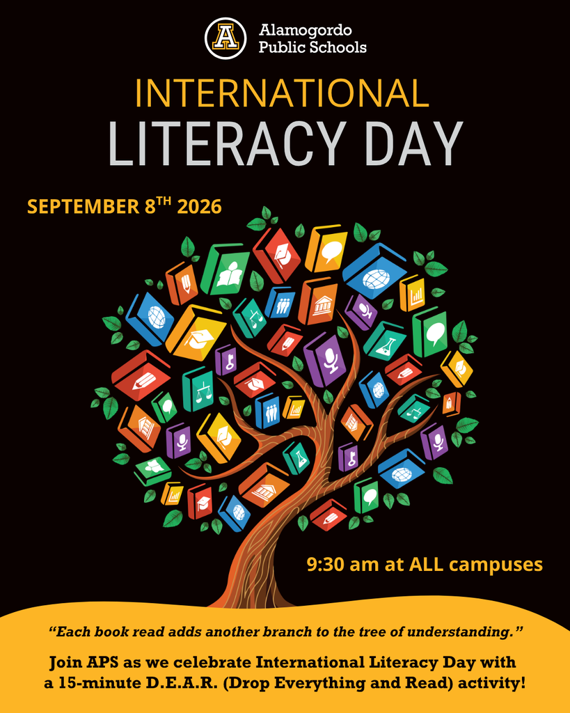 International Literacy Day graphic with a colorful tree - September 8th 9:30 a.m. at all campuses & across the community. "Each book read adds another branch to the tree of understanding" Join APS as we celebrate International Literacy Day with a 15 minute DEAR (Drop everything and Read)