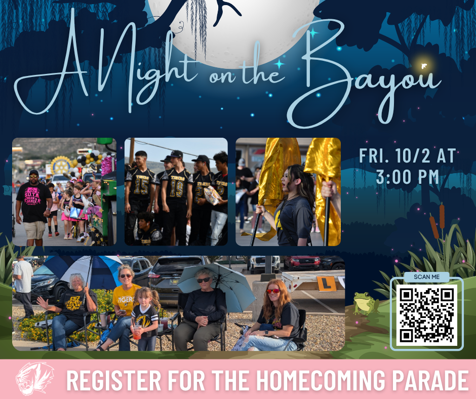 Register for the parade graphic - A night on the bayou- QR code on the lower right hand side of the graphic.