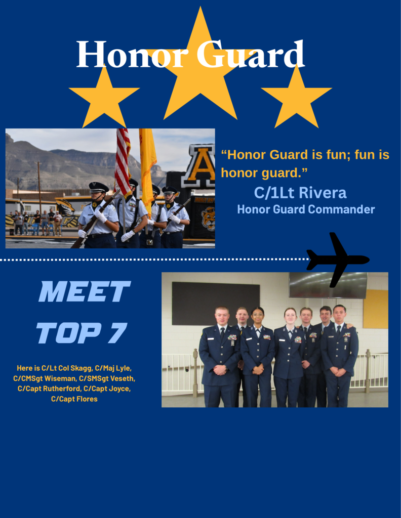 An informational flyer titled "Honor Guard" in large white letters at the top, superimposed over three gold stars.Below the title, a photo on the left shows four JROTC cadets marching outdoors in light blue and dark blue uniforms, carrying rifles and flags during a ceremony. To the right of the photo is a stylized varsity letter "A" above a quote from C/1Lt Rivera, Honor Guard Commander, which reads: "Honor Guard is fun; fun is honor guard."A horizontal dotted line with a black jet silhouette separates the top and bottom sections. The bottom section is titled "MEET TOP 7" in large italicized white letters. To the right is a photo of seven JROTC cadets in dark blue service uniforms standing in a line indoors. A caption beneath the title lists their names: "Here is C/Lt Col Skagg, C/Maj Lyle, C/CMSgt Wiseman, C/SMSgt Veseth, C/Capt Rutherford, C/Capt Joyce, C/Capt Flores."