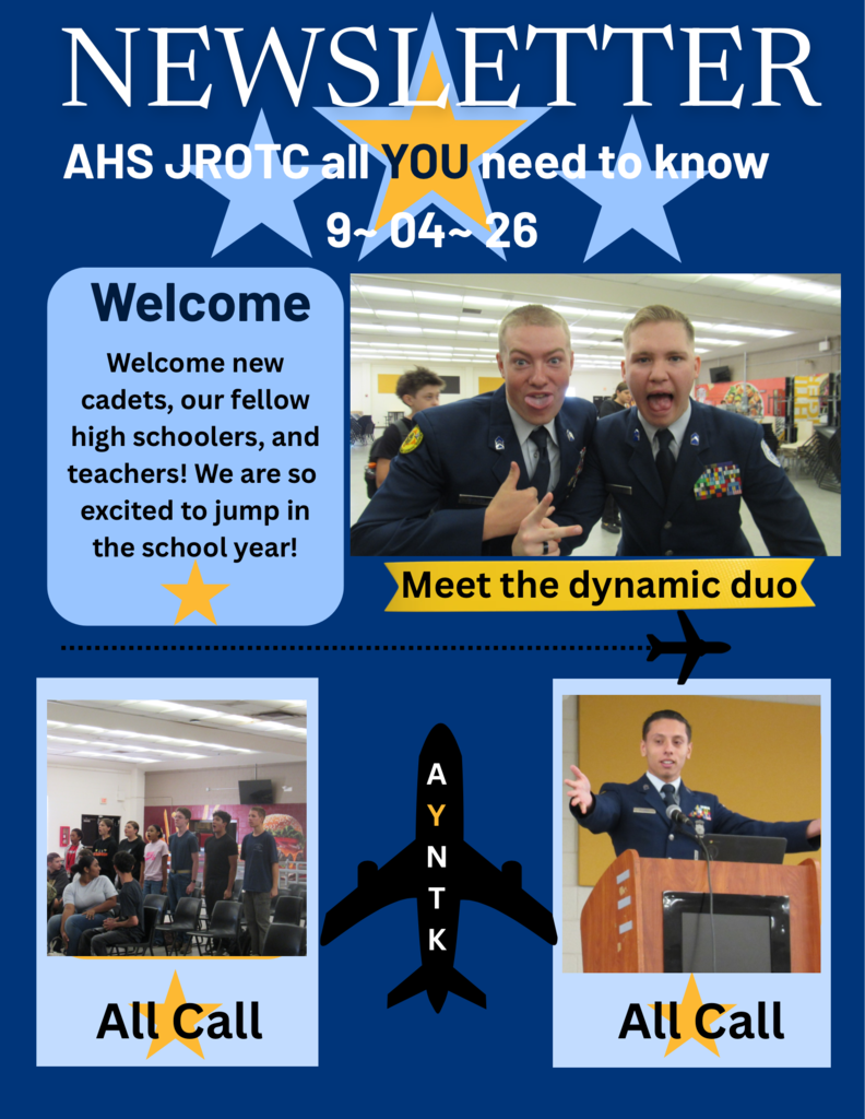 A high school JROTC newsletter flyer titled "NEWSLETTER" with the subtitle "AHS JROTC all YOU need to know" and the date "9-04-26" written across three light blue star graphics at the top. The left side features a "Welcome" panel in a light blue box with a gold star, reading: "Welcome new cadets, our fellow high schoolers, and teachers! We are so excited to jump in the school year!" The right side features a photo of two male cadets in dark blue military uniforms making funny faces, with a yellow caption banner below reading "Meet the dynamic duo." The bottom section is titled "All Call" and features a photo of students gathered in a cafeteria on the left, a black silhouette of a jet plane in the center with the vertical text "AYNTK", and a photo of a cadet gesturing while speaking at a wooden podium on the right.