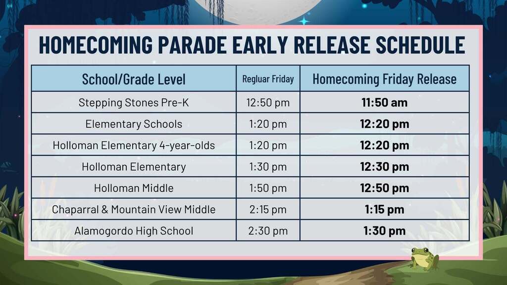 Early release schedule for Homecoming day Friday October 2nd. 