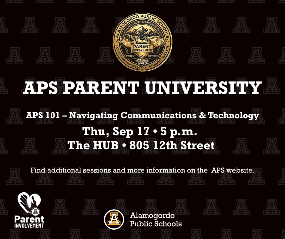 APS Parent University Graphic β APS 101 Understanding Our Schools session β’ Thursday September 17th β’ 5 p.m. β’ The HUB located at 805 12th St. Find more sessions and more information on the APS website. PArent university logo on the top of the graphic, parent involvement logo on the lower left had corner and the APS logo on the bottom middle.