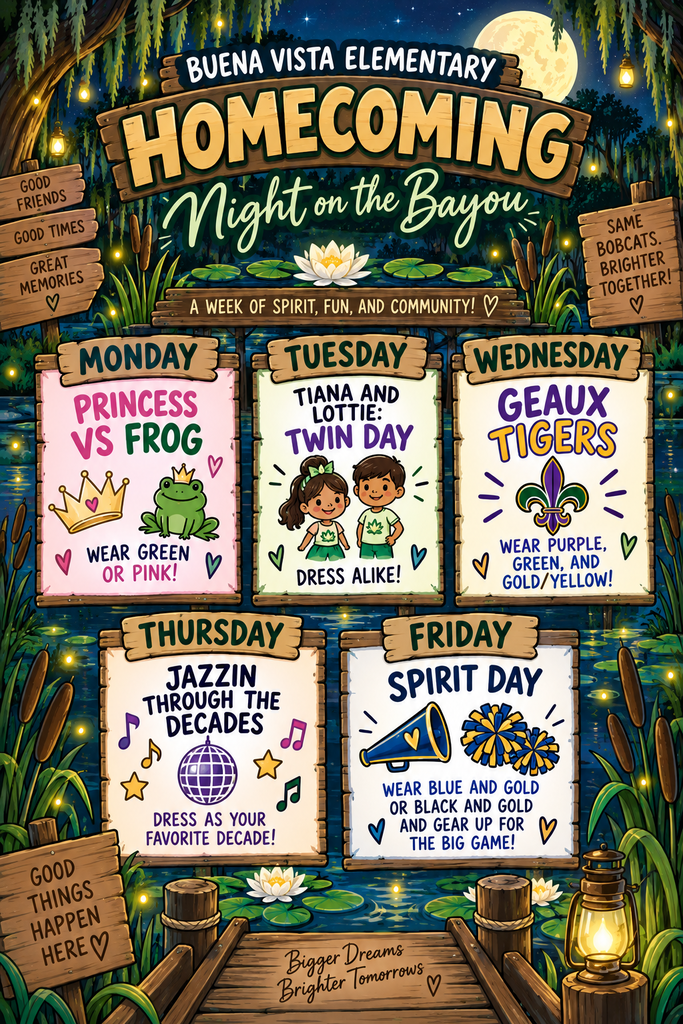 Buena Vista Elementary Homecoming βNight on the Bayouβ Spirit Week flyer featuring a nighttime bayou with a full moon, hanging moss, lanterns, lily pads, and fireflies. Monday is Princess vs. Frog: wear green or pink. Tuesday is Tiana and Lottie Twin Day: dress alike. Wednesday is Geaux Tigers: wear purple, green, and gold/yellow. Thursday is Jazzinβ Through the Decades: dress as your favorite decade. Friday is Spirit Day: wear blue and gold or black and gold and gear up for the big game.