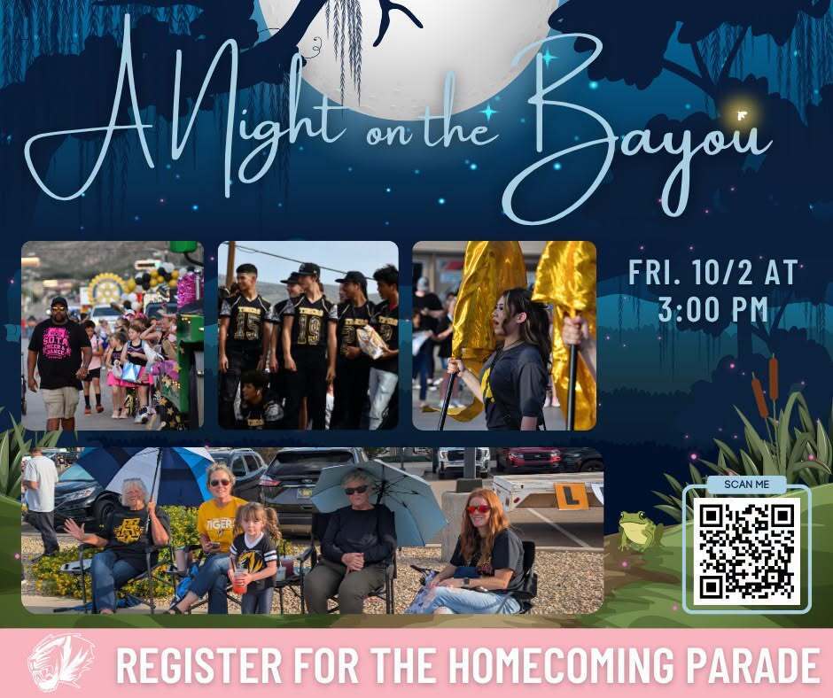 Homecoming parade graphic with previous year photos of the parade - a night on the bayou parade theme the parade if on Friday, October 2nd at 3 p.m. Register for the parade 