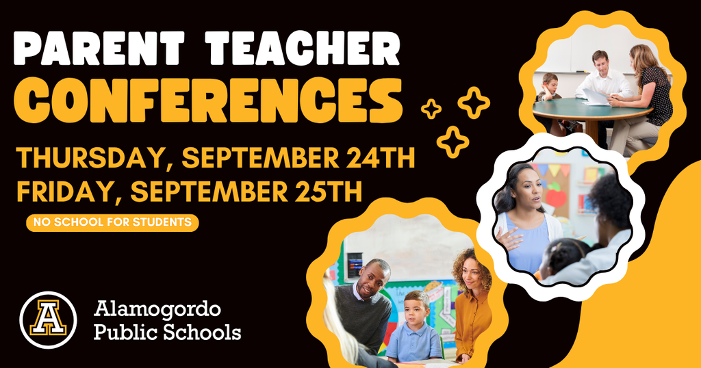 PArent Teacher Conferences thur & fri September 24th & 25th. No school for students a graphic with parents and students with teachers. 