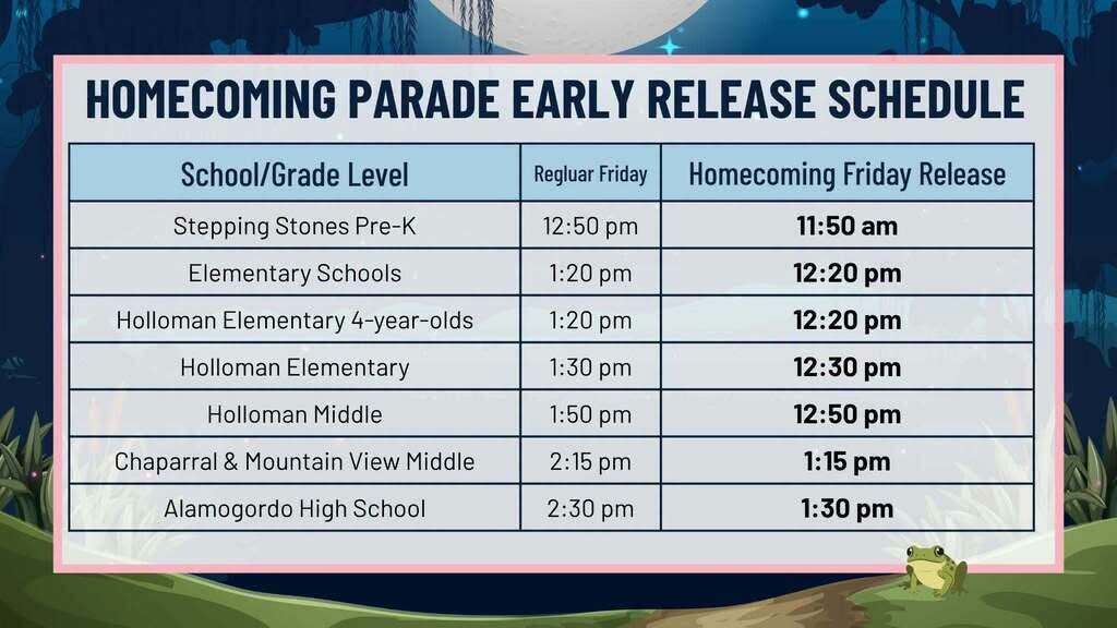 Homecoming early release graphic - One hour earlier than the regular Friday schedule.