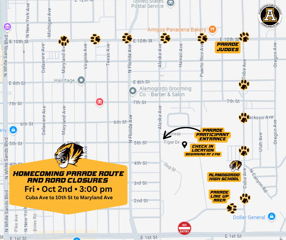 Homecoming parade map - from Alamogordo High School, North on Cuba Ave., West on 10th St. to Maryland Ave.