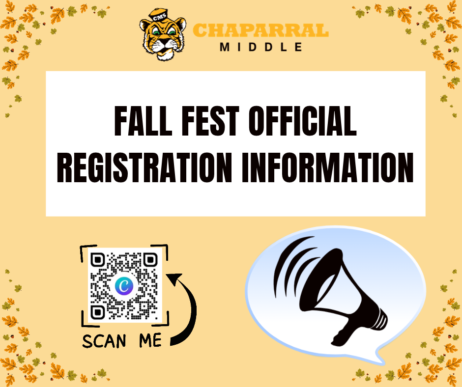 Fall fest official registration information graphic with official QR code and a mega phone  - graphic decorated with fall leaves and the CMS logo on the top 