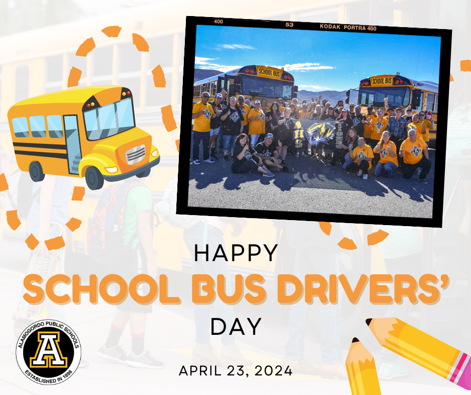 Happy School Bus Drivers' day graphic with a picture of all the APS transportation staff