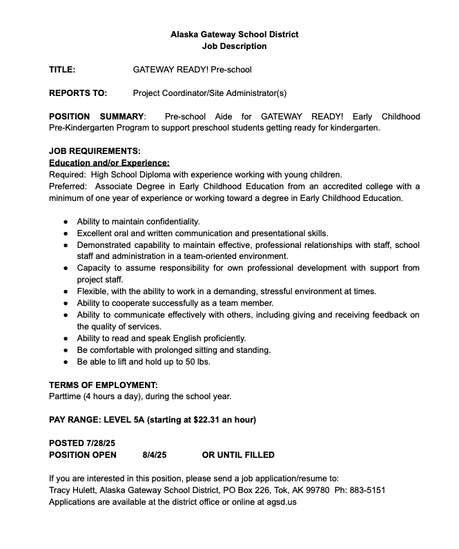 Job Vacancy - Tok Pre-school Aide